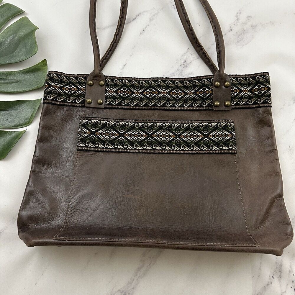 Unbranded Leather Tote Shoulder Bag Purse Dark Brown Woven Boho Trim Large - Picture 3 of 12